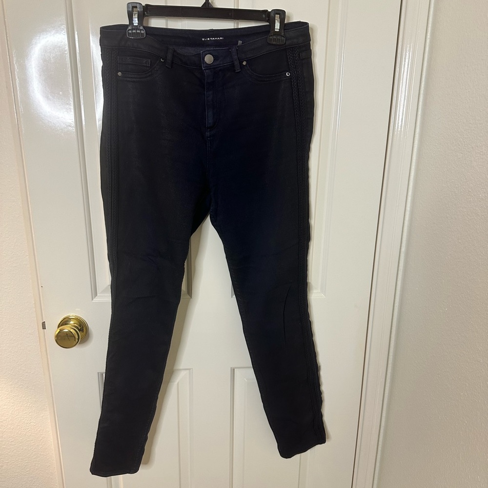 Elie Tahari Indigo Blue Coated Jeans with Braided detail down the legs, size 31